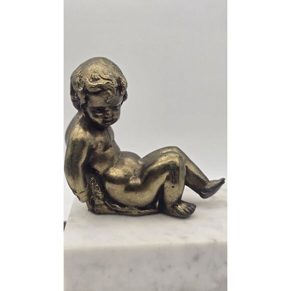 Brass Cherub Bookend Paperweight  Figurine on Marble Bases Regency - Picture 2 of 16